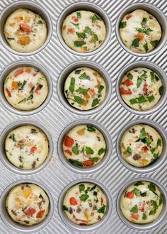 muffin tins filled with different types of food