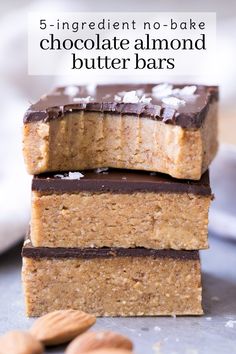 These Healthier Chocolate Covered Almond Butter Bars are easy to make with five ingredients & no baking necessary. Gluten-free & vegan. Almond Butter Bars, Vegan Bars, Chocolate Almond Butter, Chocolate Covered Almonds, Vegan Bar, Butter Bars