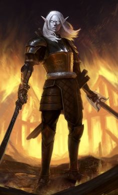 a painting of a woman in armor holding two swords and standing on fire with flames behind her