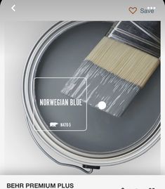 a paint can with a brush in it and the words norwegian blue on top of it