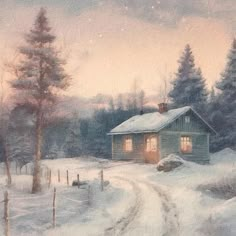 a painting of a cabin in the snow