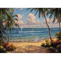 a painting of two lawn chairs on the beach with palm trees and boats in the water