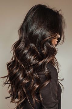 35 Must-See Dark Brown Hair Color Ideas For 2024 - Flo's Blog Light Brown To Dark Brown Hair Ombre, Hair Balayage Dark Brown, Dark Brown Hair Dark Highlights, Chocolate Brown Hair With Long Layers, Dark Long Hairstyles, Fall Brunette Hair Color Dark, Winter Balayage Black Hair, Brunette Winter Hair Color, Dark Hair Colors Brown