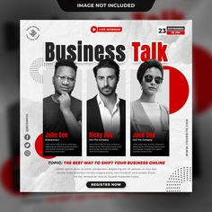 a flyer for a business talk with three people on the front and back cover, in red