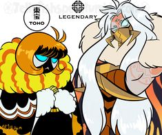 two cartoon characters one with white hair and the other wearing orange, yellow and black