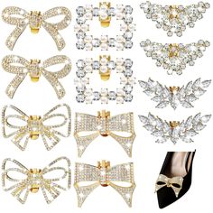 PRICES MAY VARY. Explore the Style Spectrum: discover a sea of style possibilities with our rhinestone shoe clips with breathtaking designs, the package includes 3 pairs of bow shoe clips with different designs, 1 pair of square shoe clips, 1 pair of water drop style shoe clips, and 1 pair of leaf style shoe clips, these accessories are designed to cater to your distinctive needs, adding charm to every shoe you own Fine Workmanship: our shoe clips are crafted from quality rhinestones, the alluri Square Shoes, Shoe Makeover, Shoe Buckle, Shoe Decoration, Shoes Elegant, Rhinestone Shoes, Gold Shop, Decorative Bows, Rhinestone Bow