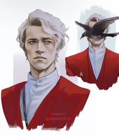 a drawing of a man with white hair and a bird on his shoulder, wearing a red jacket