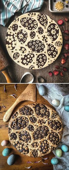 an image of chocolate chip cookies on a wooden table with easter eggs and flowers in the background