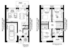 two story house plans with garage and living room in the middle, one bedroom on each floor