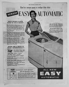 an old advertisement for the new easy automatic washing machine with a woman standing next to it