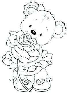 a teddy bear with a rose in its hand coloring pages for kids, printable