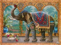 an elephant is standing in front of a wall with flowers and vases on it