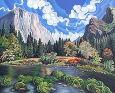 a painting of a mountain lake surrounded by trees and mountains with clouds in the sky