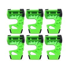 six green plastic hand grips with black handles