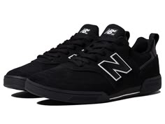 New Balance Numeric 288 Sport - Skate Shoes : Black/Black 1 : The New Balance Numeric 288 Sport skate shoes pair vintage-inspired style with clean uppers and a durable design. Please Note: Fits true to size according to brand. A classic sneaker silhouette inspired by '90s court models from the New Balance archives, overhauled and updated to handle the tough-surface abuse that is synonymous with skateboarding. Uppers of durable suede and neoprene. A reinforced, one-piece toe provides superior dur New Balance Skate Shoes, New Balance Sneakers Mens, Mens Black Sneakers, Sneaker Silhouette, Black New Balance, New Balance Logo, New Balance Numeric, New Balance Mens, Urban Shoes