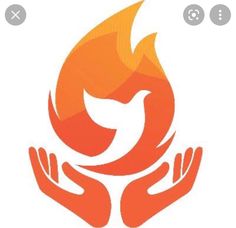 two hands are holding a bird in front of an orange and red fire logo on a white background