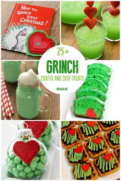 some green and red treats are on display with the words 25 + grin crafts and cute treats