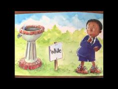 an open children's book with a cartoon image of a boy standing in front of a sign