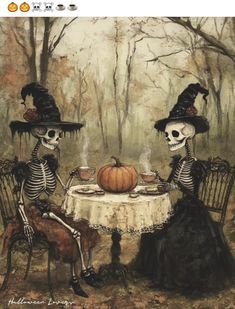 two skeletons sitting at a table with pumpkins in their hats and one is eating