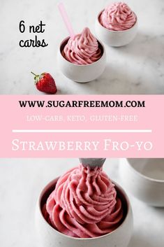 strawberry frosting in small white bowls with strawberries on the side and text overlay