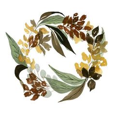 an image of a wreath made out of leaves and flowers on a white background with watercolors