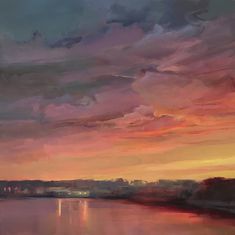 an oil painting of a sunset over a lake with clouds in the sky and water below