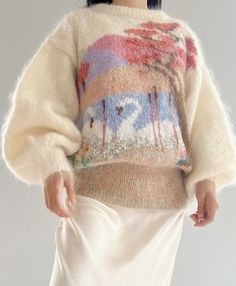 Knit Sweater Ideas, Graphic Knit Sweater, Mohair Knit Sweater, Silk Lace Dress, Unique Knitwear, Vintage Knitwear, Silk Lace, 자수 디자인, Mohair Sweater