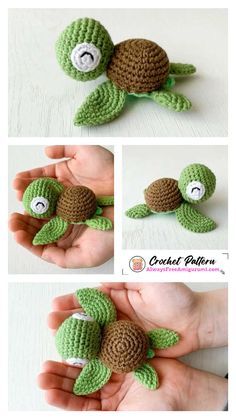 the crocheted turtle is being held up by someone's hand, and it has