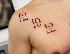 a man's chest with numbers on it and the date taken from his birth