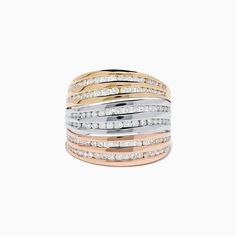 Trio 14K Tri Color Gold Diamond Ring Elegant Multi-stone Wide Band Rings, Timeless Rose Gold Ring Channel Set, Timeless Rose Gold Ring With Channel Set, Timeless Rose Gold Channel Set Ring, Fine Jewelry Wide Band Ring With Channel Set, Effy Jewelry, Gold Diamond Rings, Tri Color, Round Diamonds