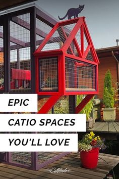 a red bird cage sitting on top of a wooden deck next to a building with a cat in it