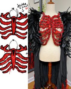 a mannequin with red and black wings on it's torso, next to an image of a bra