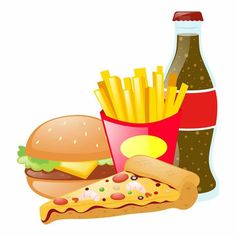 a sandwich, french fries and soda on a white background