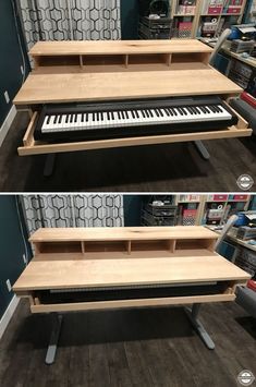 two pictures of a keyboard with shelves on each side and the same one in front