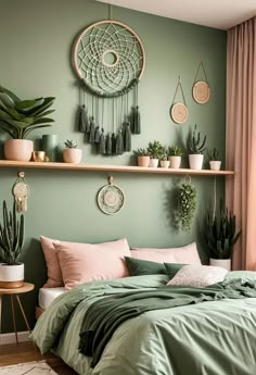 a bedroom with green walls and plants on the shelves