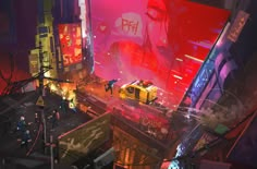 an aerial view of a city at night with neon lights and people walking on the street