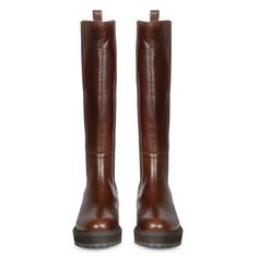 Meet Saint Adriana brown leather handcrafted long boots. Set the trend this season in these knee high Boots from SaintG, these boots are sure to turn heads. Featuring leather pull tab, elasticated side panels for the perfect fit around the calf, low block heels. soft and breathable leather & fleece lining for a luxurious feel, cushioned leather insole provides lasting comfort. The slip on closure boot sit on a tunit sole. Designed in Milan. The approx. height of the boot is-17.5 Inches. Upper -