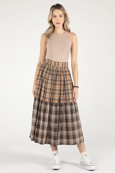 Mixed plaid A-line midi skirt- Side zipper - Lined with regular lining and tulleFabric Content: - Self 100% Cotton; Cont 100% Cotton; Lining 100% RayonCare: Gentle machine wash with like colors in cold water. Tumble dry low. Model is wearing size: SModel Measurements:Height: 5'9"Bust: 34"Waist: 24"Hips: 34"Fabric Content: - Self 100% Cotton; Cont 100% Cotton; Lining 100% RayonCare: Gentle machine wash with like colors in cold water. Tumble dry low. Style No. MS0115L-MULTI BRN Plaid Long Skirt For Spring, Spring Plaid Pleated Skirt, Plaid Lined Skirt For Spring, Spring Plaid Lined Skirt, Plaid Tiered Ruffled Skirt, Chic Plaid Midi Skirt, Flowy Plaid Skirt, Chic Long Plaid Skirt, Plaid Tiered Lined Skirt