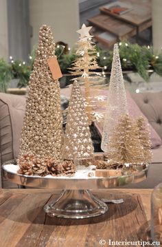 three small christmas trees sitting on top of a metal tray in front of a couch