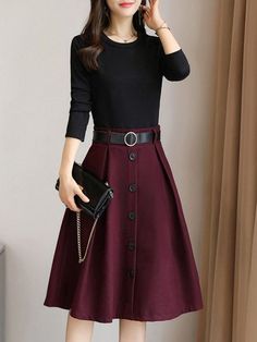 Sweater Dresses,Green,Brown,Red,Long Sleeve,A-line... #brown #dresses #green #sleeve #sweater Maroon Skirt, Design Moda, Peacoats, Dresses Green, Sweater Dresses, Panel Dress, Dresses Elegant