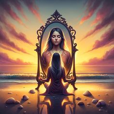 an image of a young girl engaged in self-reflection for personal transformation Spiritual Mirror Art, Self Realization Art, Real Confidence, Feminine Divine, Reflective Practice, Personal Transformation, What Is Self, Self Realization, Self Reflection