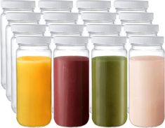 six jars filled with different colored smoothies