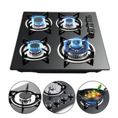 four burners gas stove with blue flames