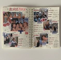 an open notebook with pictures and words on the pages, including images of women in different colors