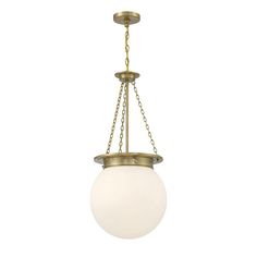 a light fixture hanging from the ceiling with chain around it and a white glass ball on top