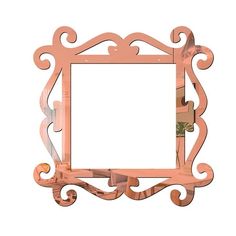 a pink mirror with an ornate design on the front and back sides, hanging from a wall