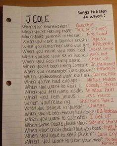 a piece of paper with writing on it that says j cole and other words are written in cursive handwriting