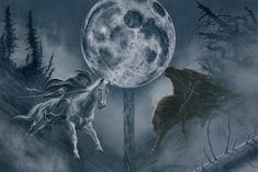 two horses are running in front of the moon