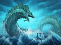 a painting of a dragon attacking a boat in the ocean