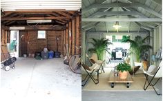 the inside of a garage with chairs and plants